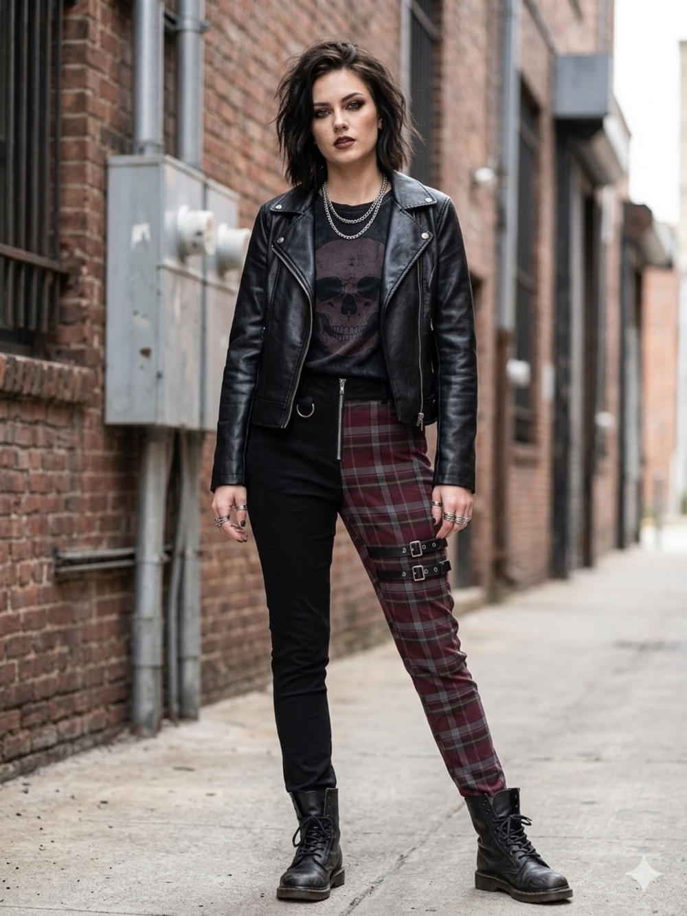 Killstar Split Leg Goth Punk Pants - Two Tone Black & Burgundy Tartan w/Buckles